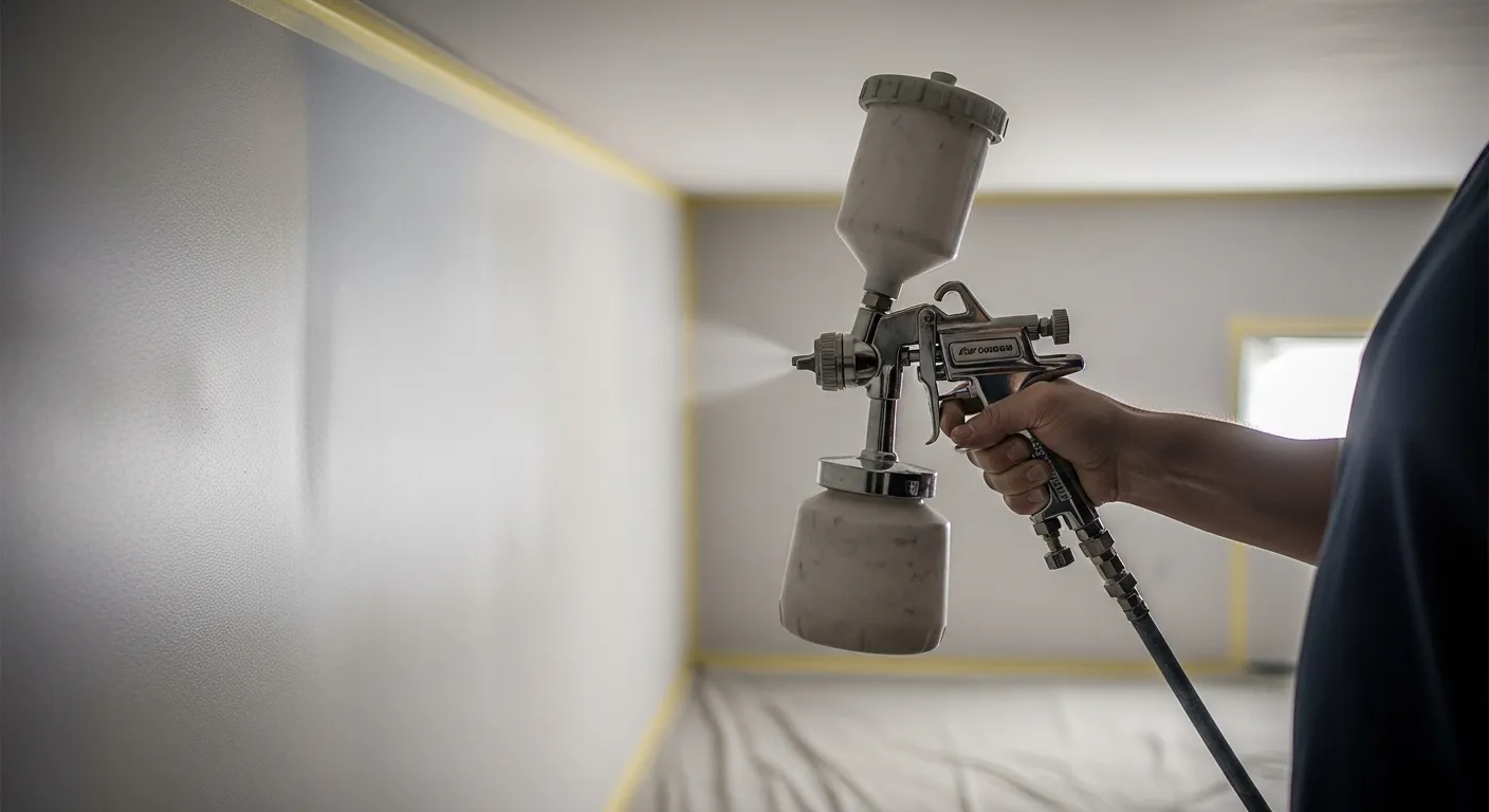 Aplicação de pintura com pistola manual em ambiente residencial