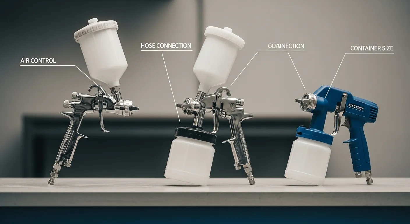 Pistola de pintura com reservatório por gravidade em uso em obra