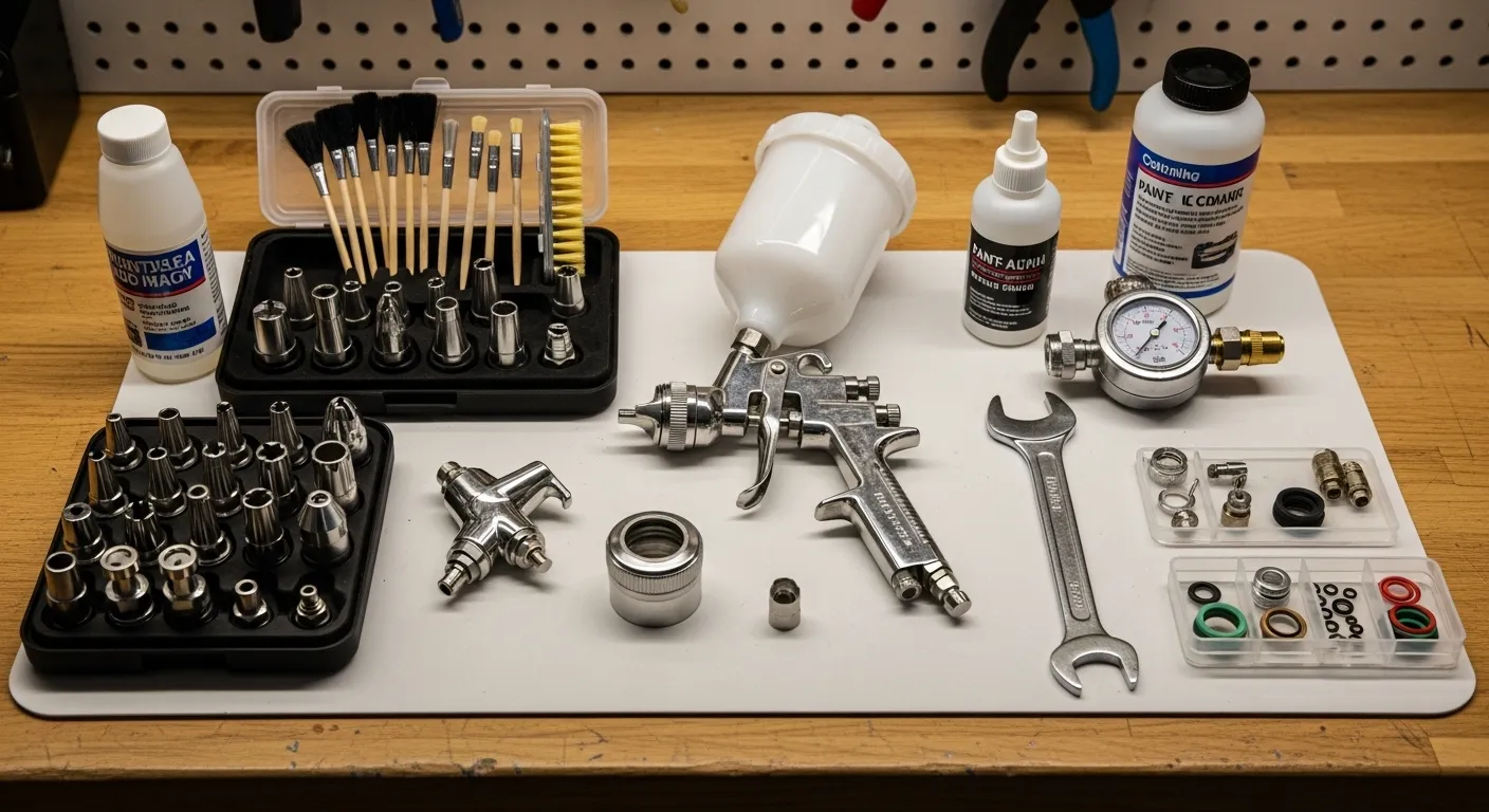 Equipamentos de pintura e compressor em obra residencial